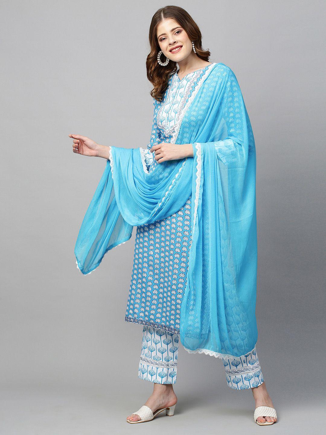 kalini women blue floral printed kurta with trouser & dupatta