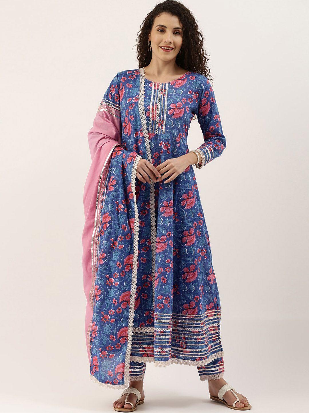 kalini women blue floral printed regular gotta patti pure cotton kurta with trousers & with dupatta