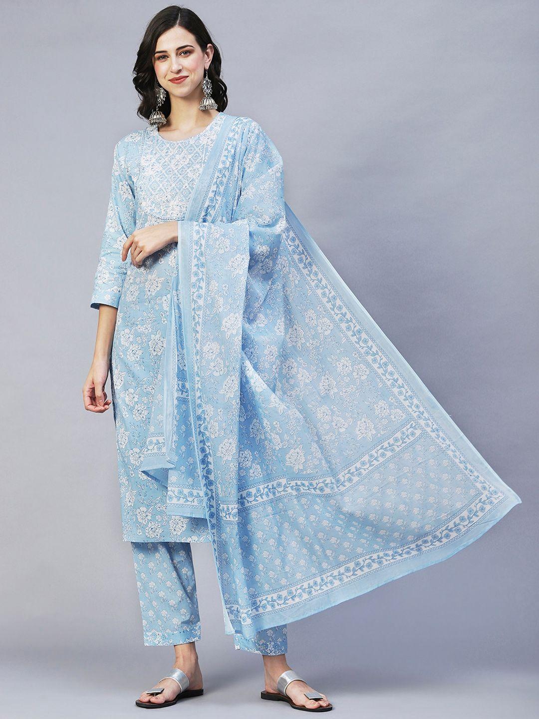 kalini women blue floral printed regular mirror work pure cotton kurta with trousers & with dupatta