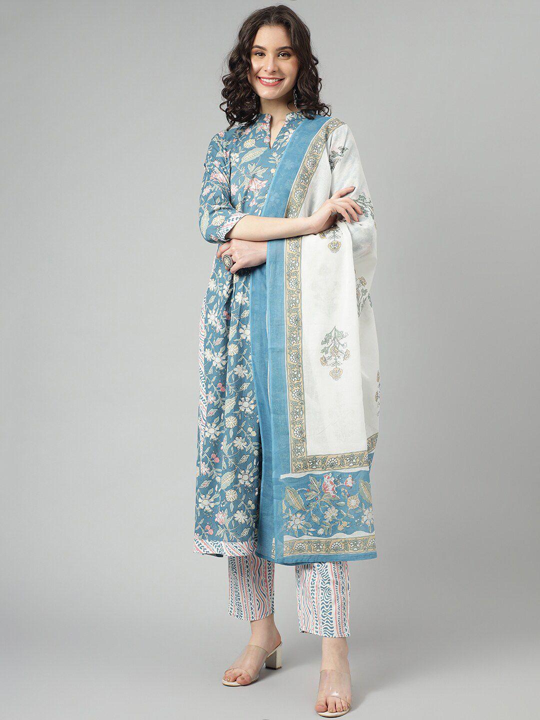 kalini women blue floral printed regular pure cotton kurta with trousers & with dupatta