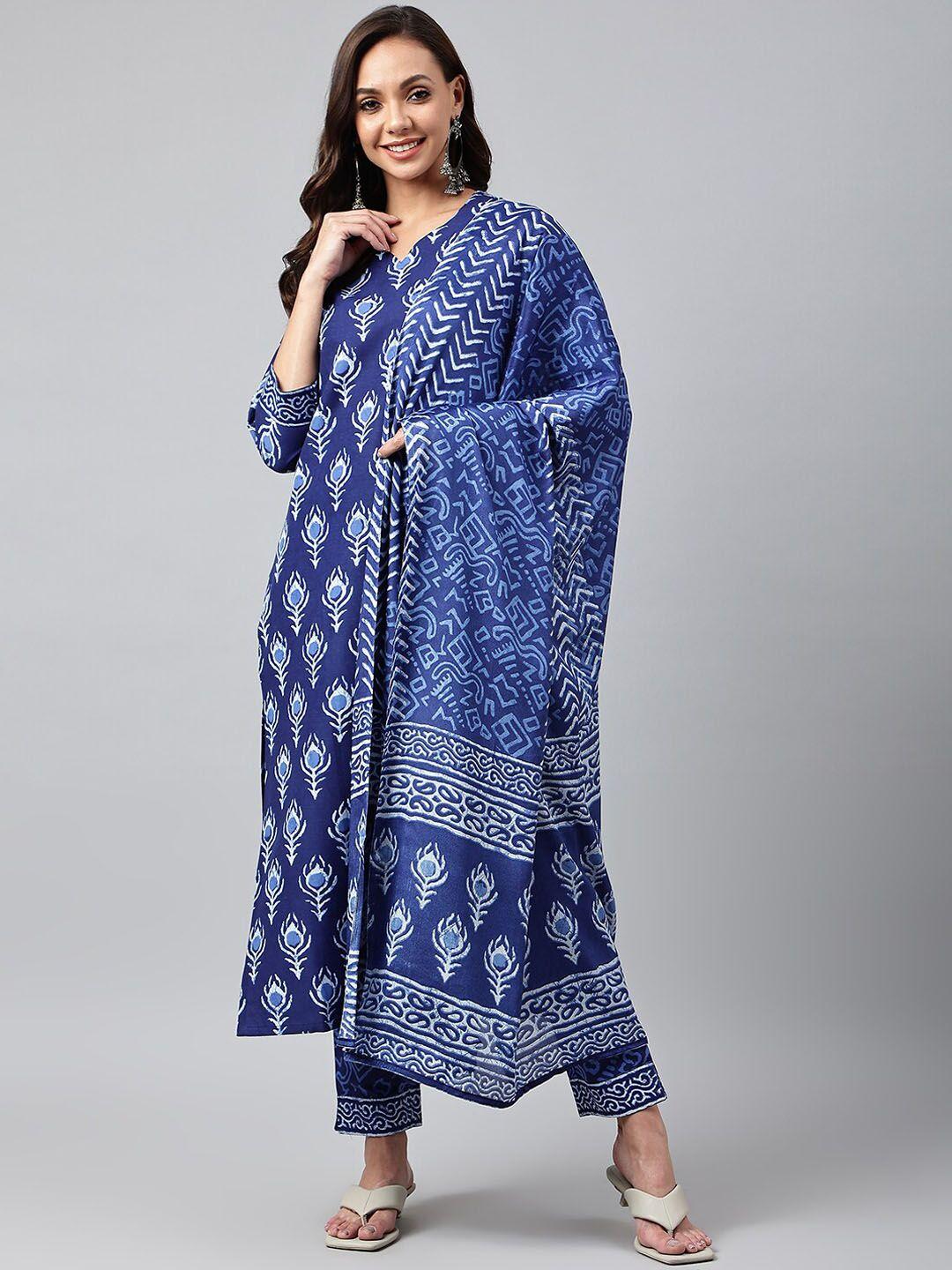 kalini women blue floral printed straight kurta with trousers & dupatta