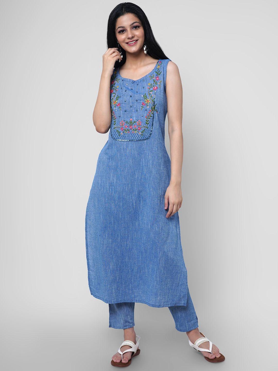 kalini women blue floral yoke design thread work pure cotton kurta with trousers