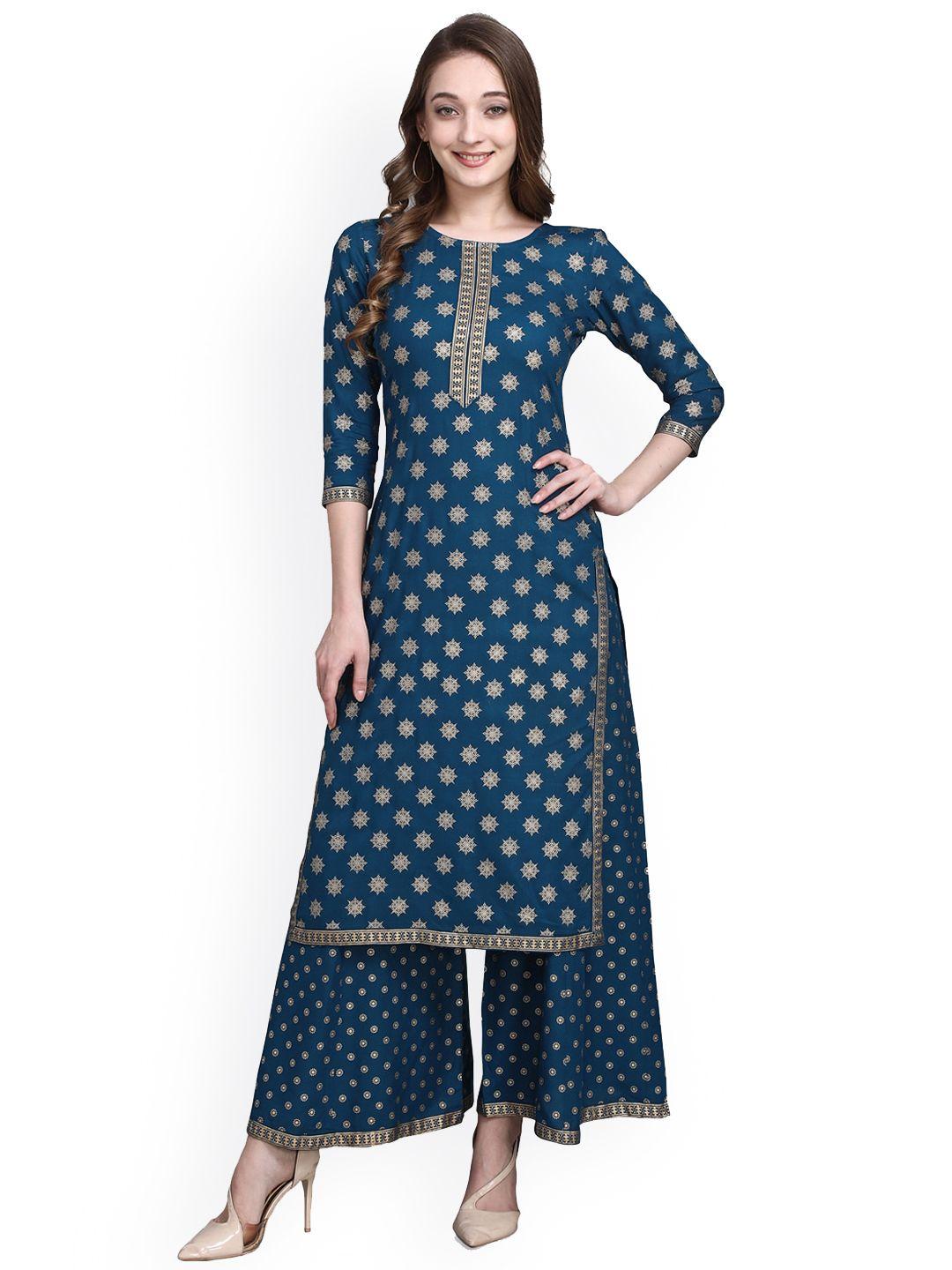 kalini women blue foil printed kurta with palazzos