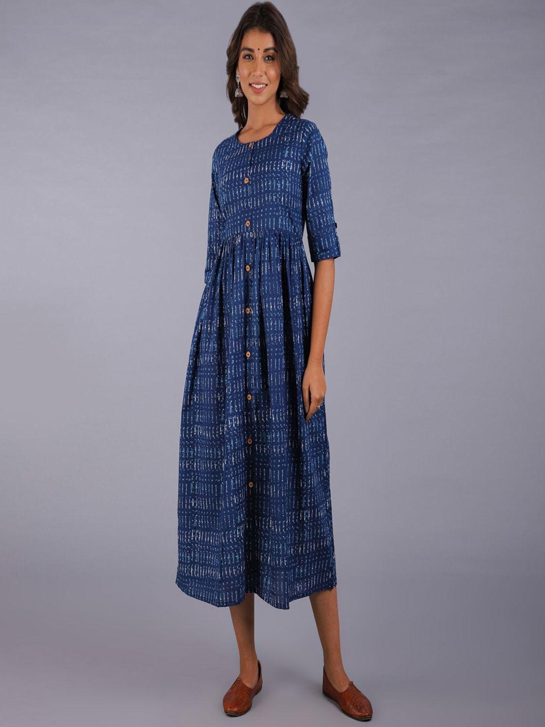 kalini women blue geometric striped cold-shoulder sleeves thread work kurta