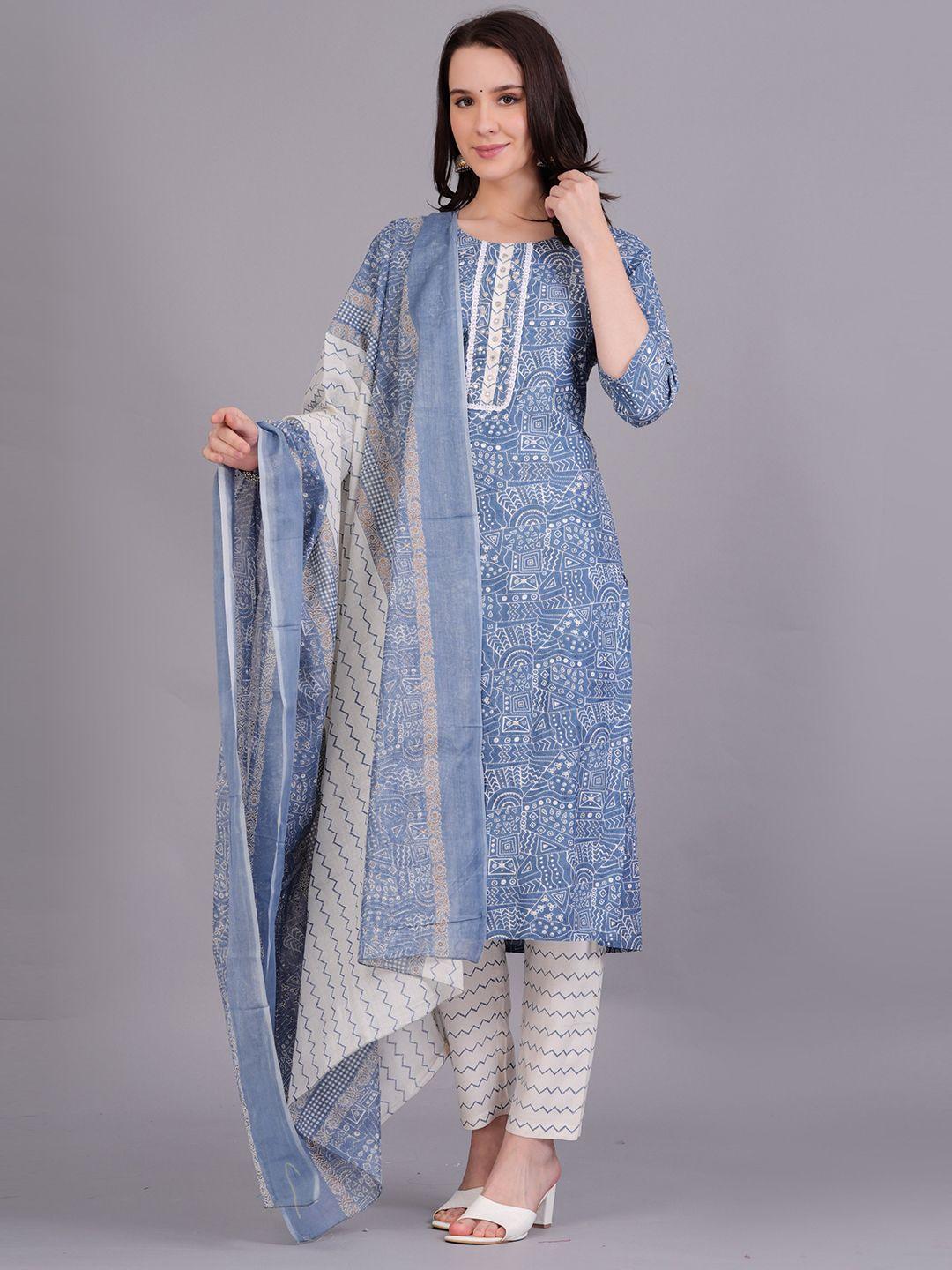 kalini women blue leheriya printed regular beads and stones pure cotton kurta with pyjamas & with dupatta