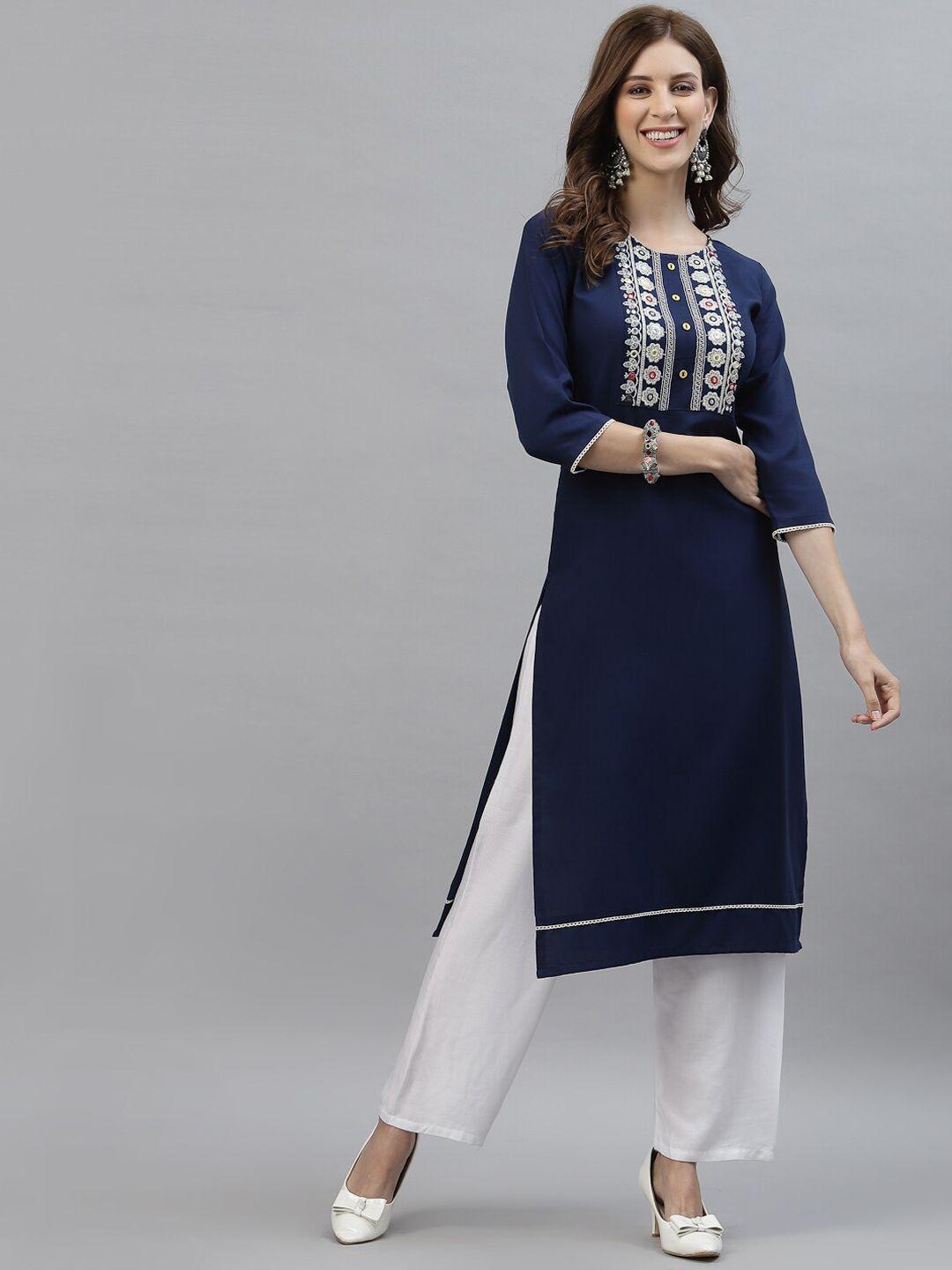 kalini women blue poly viscose rayon embroidered kurta