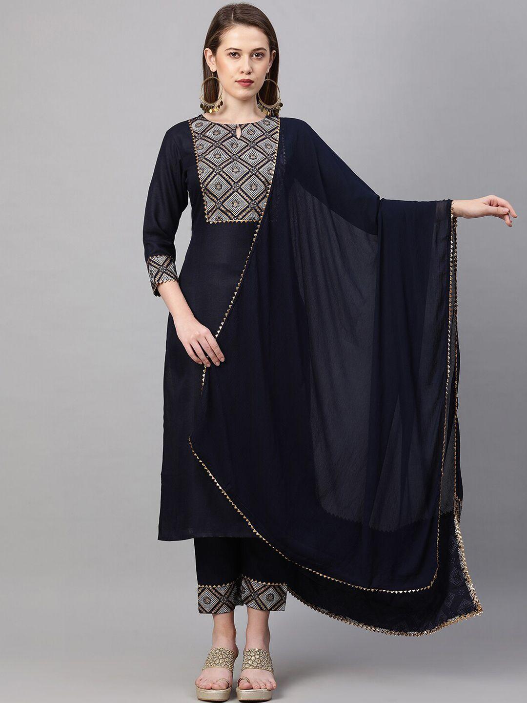 kalini women blue printed gotta patti kurta with trousers & with dupatta