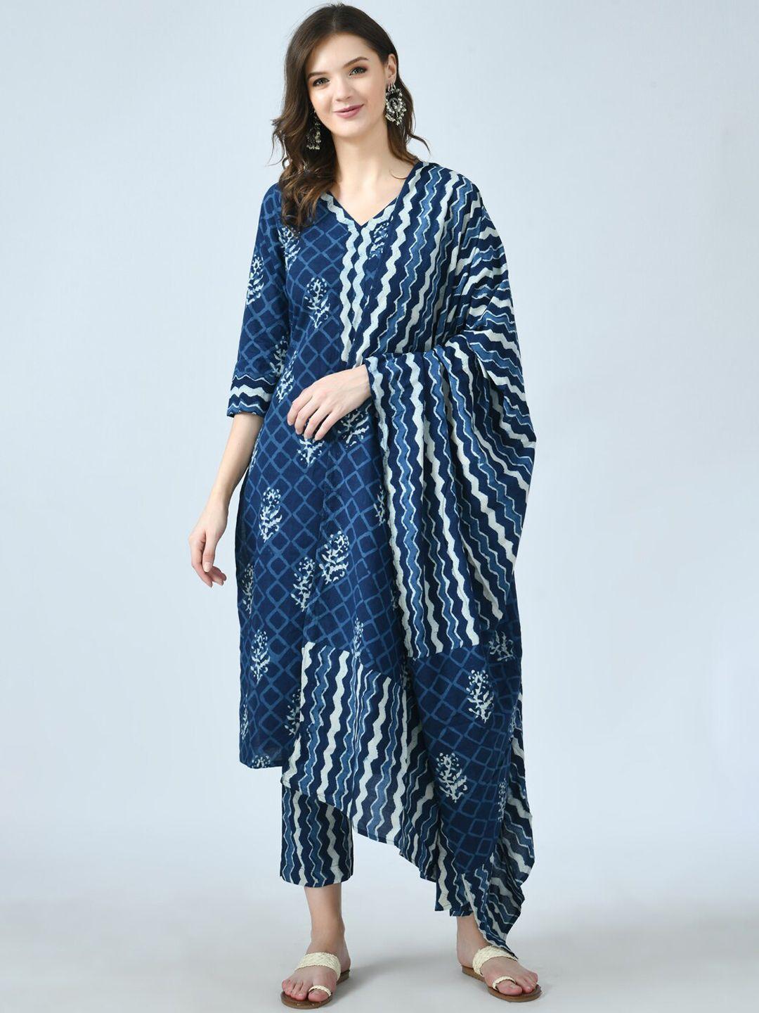 kalini women blue printed pure cotton kurta with trousers & dupatta