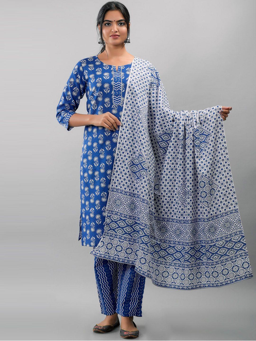 kalini women blue printed pure cotton kurta with trousers & with dupatta