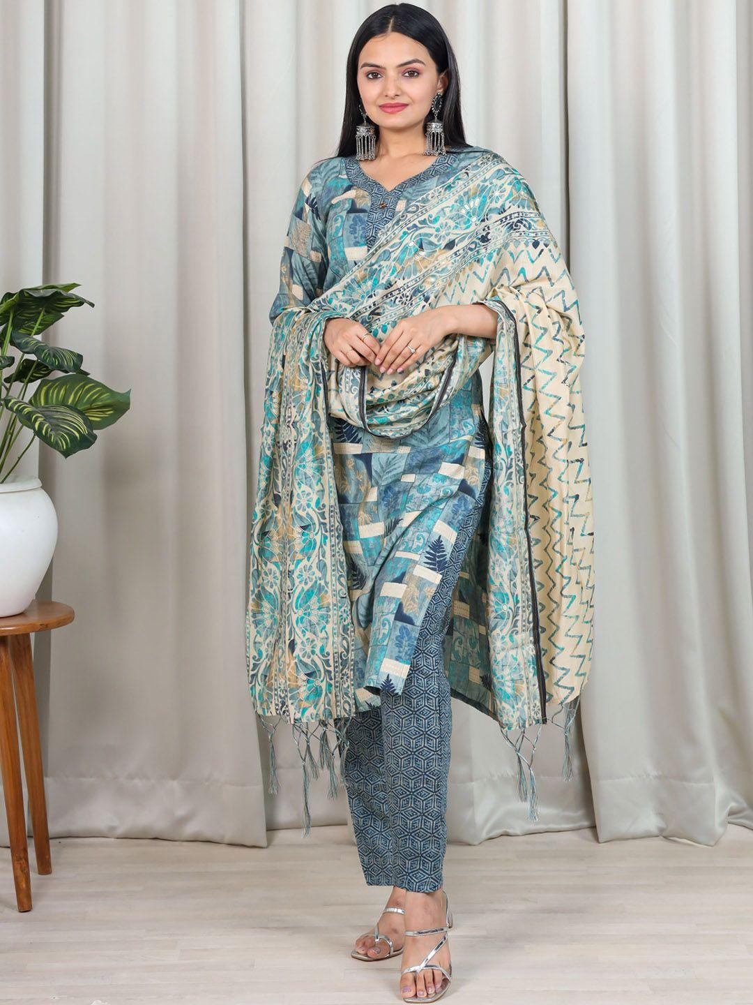 kalini women blue printed regular chanderi cotton kurta with trousers & with dupatta