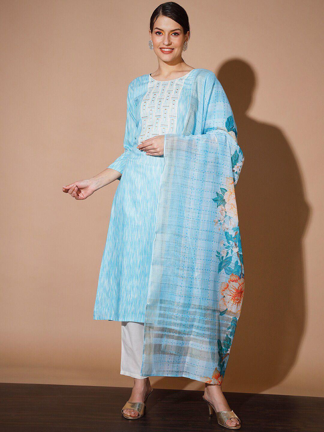 kalini women blue printed regular pure cotton kurta with trousers & with dupatta