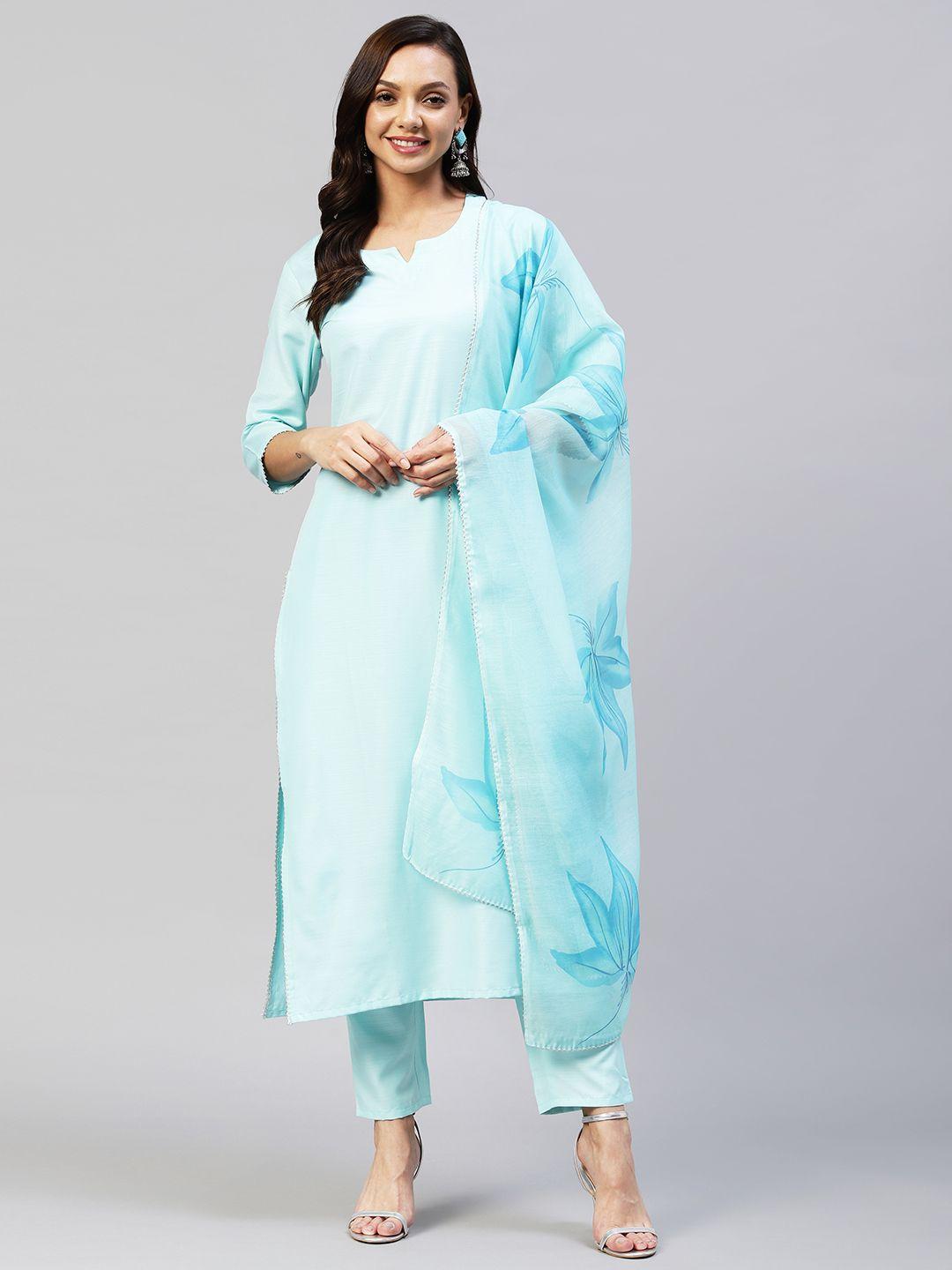 kalini women blue solid kurta with trousers & dupatta