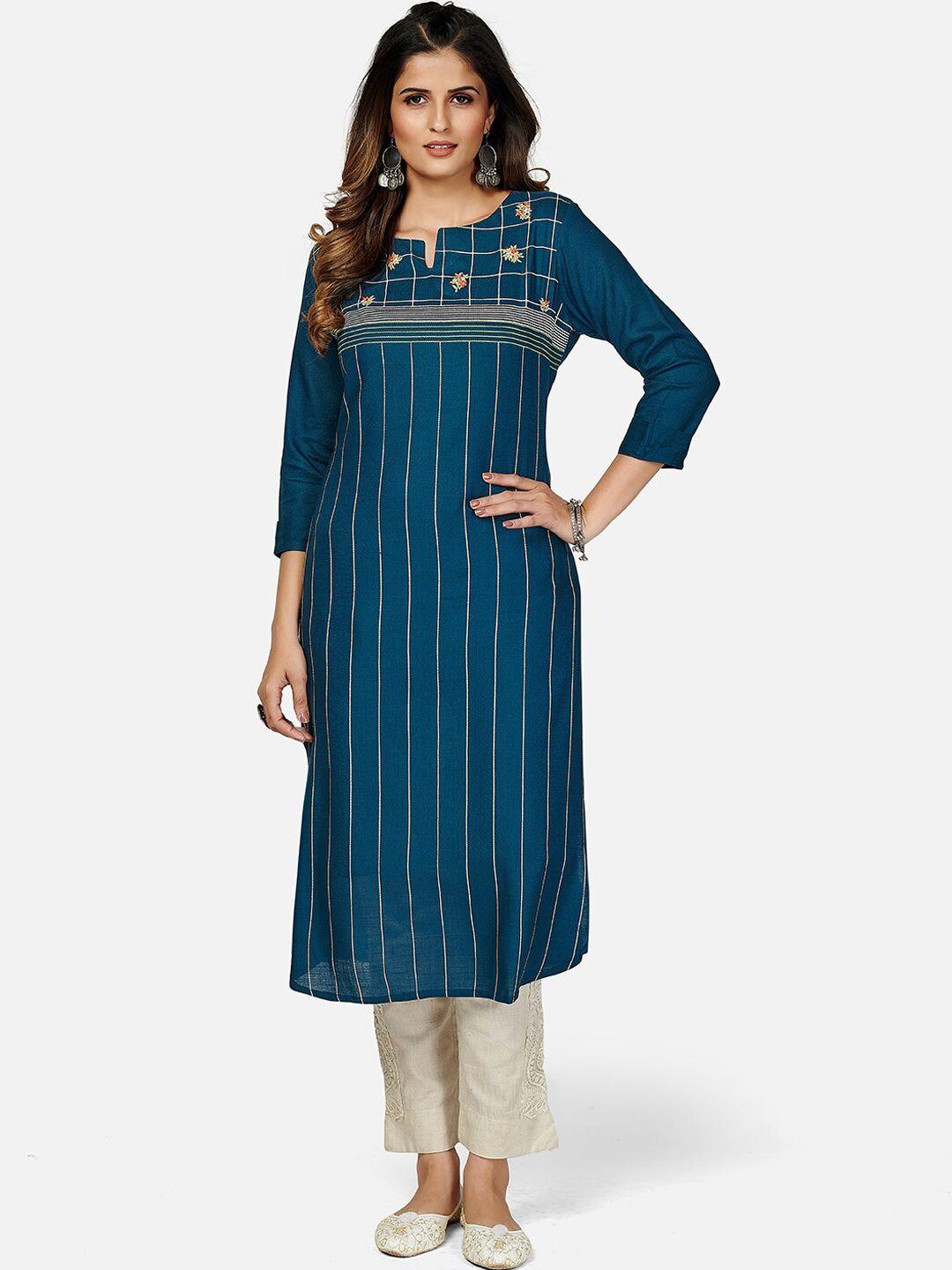 kalini women blue striped embroidered cotton keyhole neck kurta