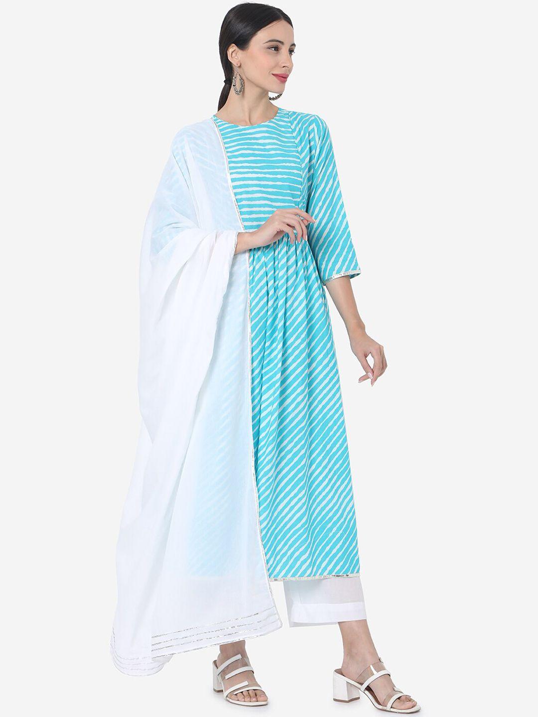 kalini women blue striped regular gotta patti pure cotton kurta with palazzos & with dupatta