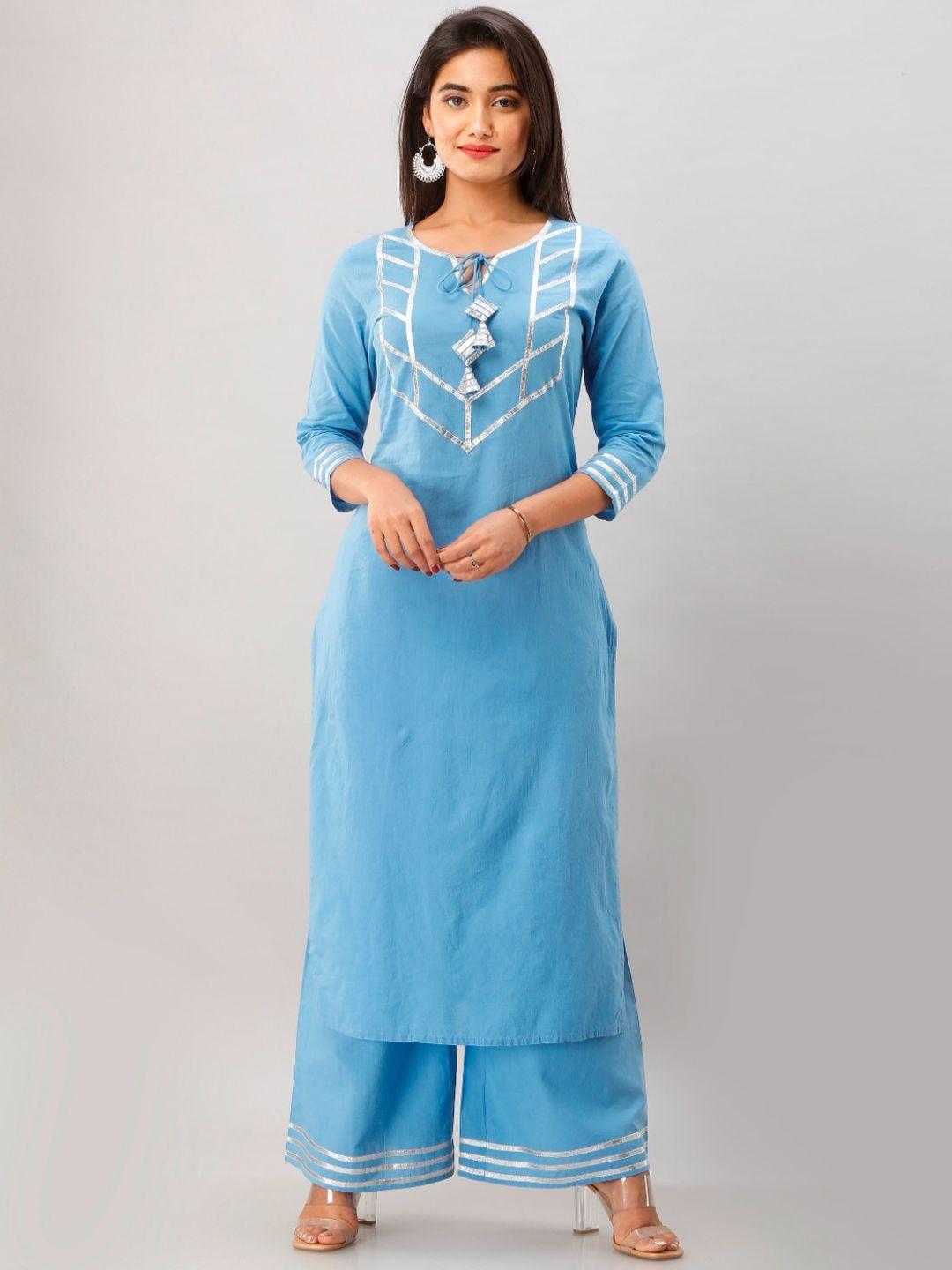 kalini women blue yoke design pure cotton kurti with palazzos