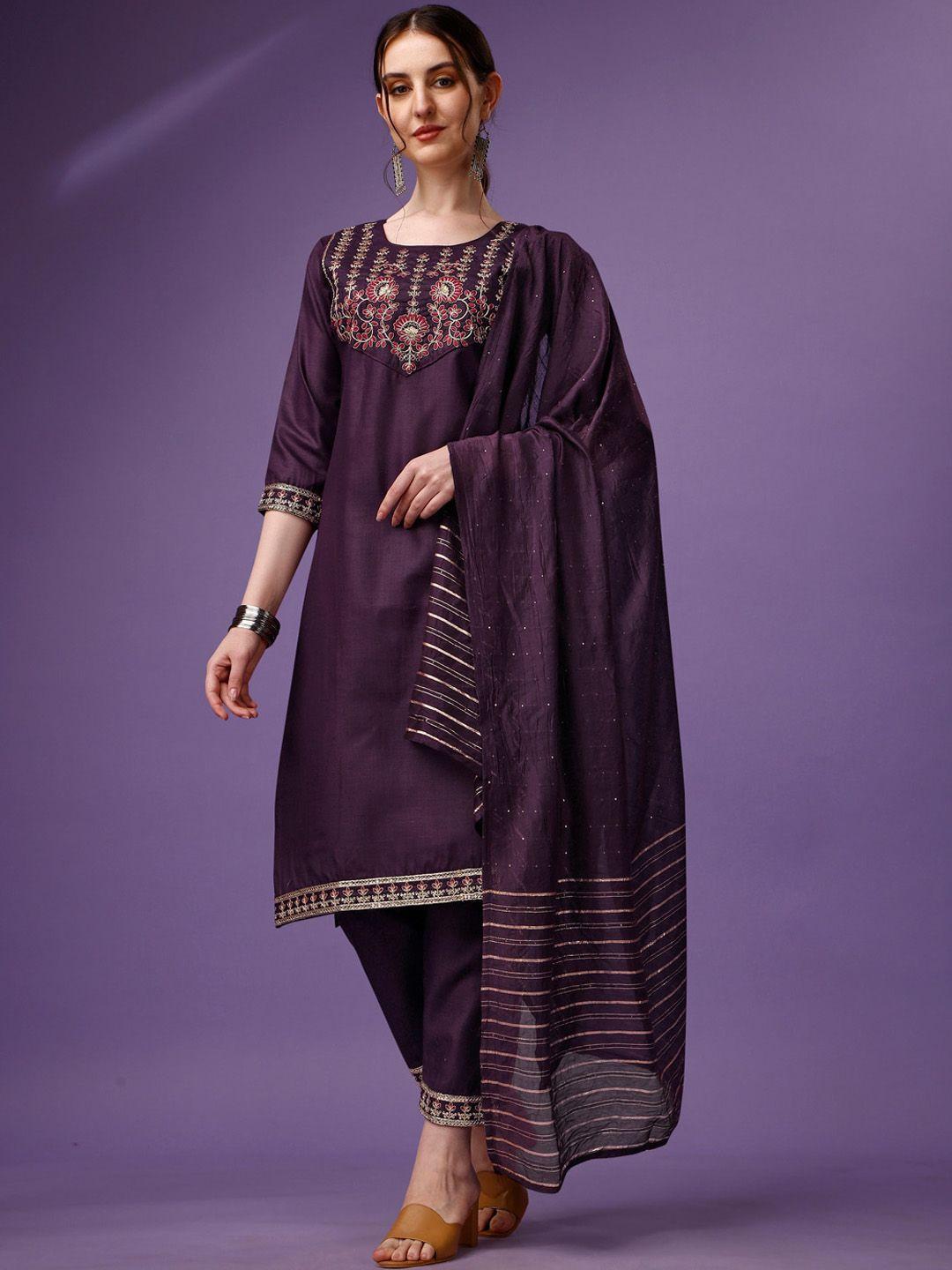 kalini women brown ethnic motifs embroidered regular thread work kurta with trousers & with dupatta