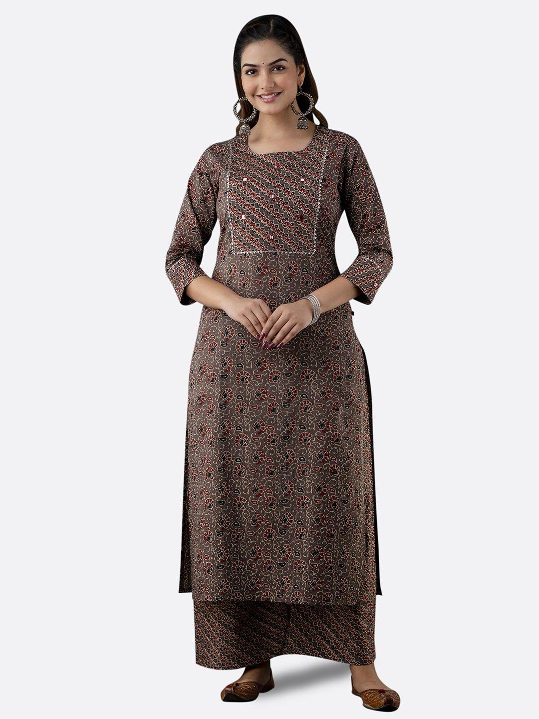 kalini women brown ethnic motifs printed kurta with palazzos