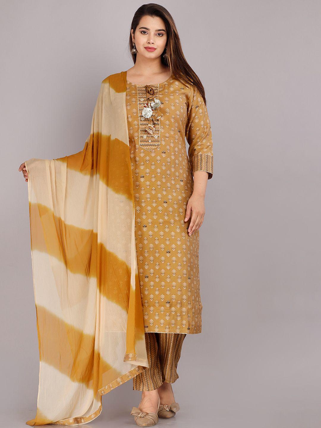 kalini women brown ethnic motifs printed panelled pure cotton kurta with trousers & with dupatta