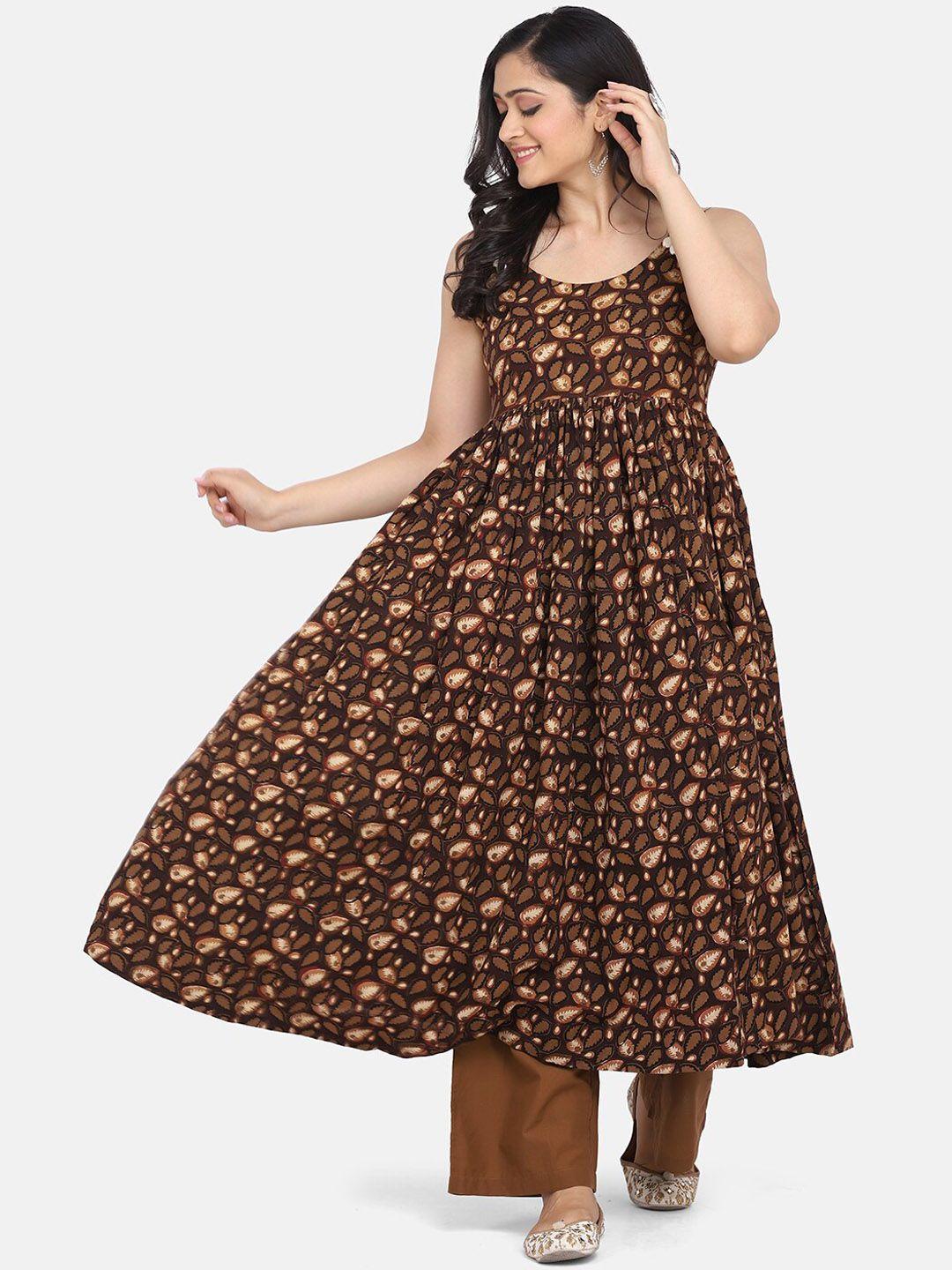 kalini women brown ethnic motifs printed pleated pure cotton kurta with palazzos & with dupatta