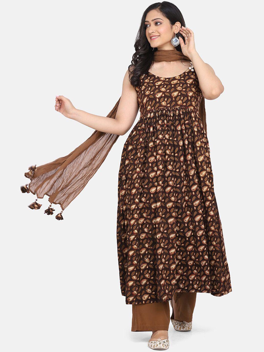 kalini women brown ethnic motifs printed pleated pure cotton kurta with palazzos & with dupatta