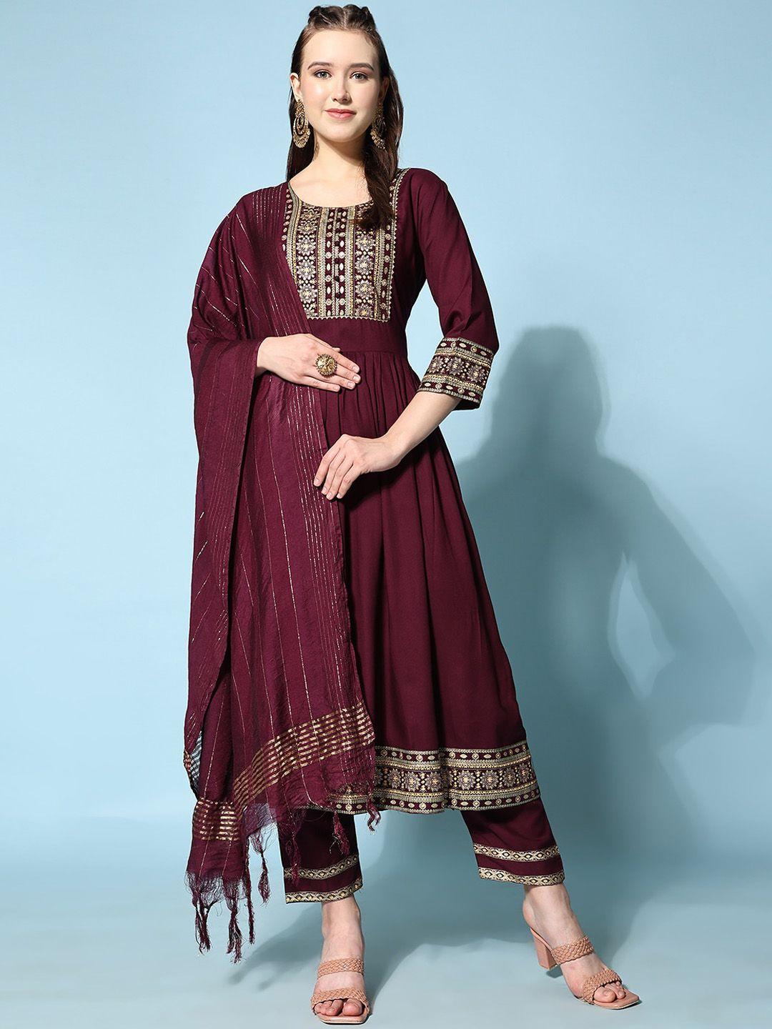 kalini women brown ethnic motifs yoke design high slit kurta with trousers & with dupatta