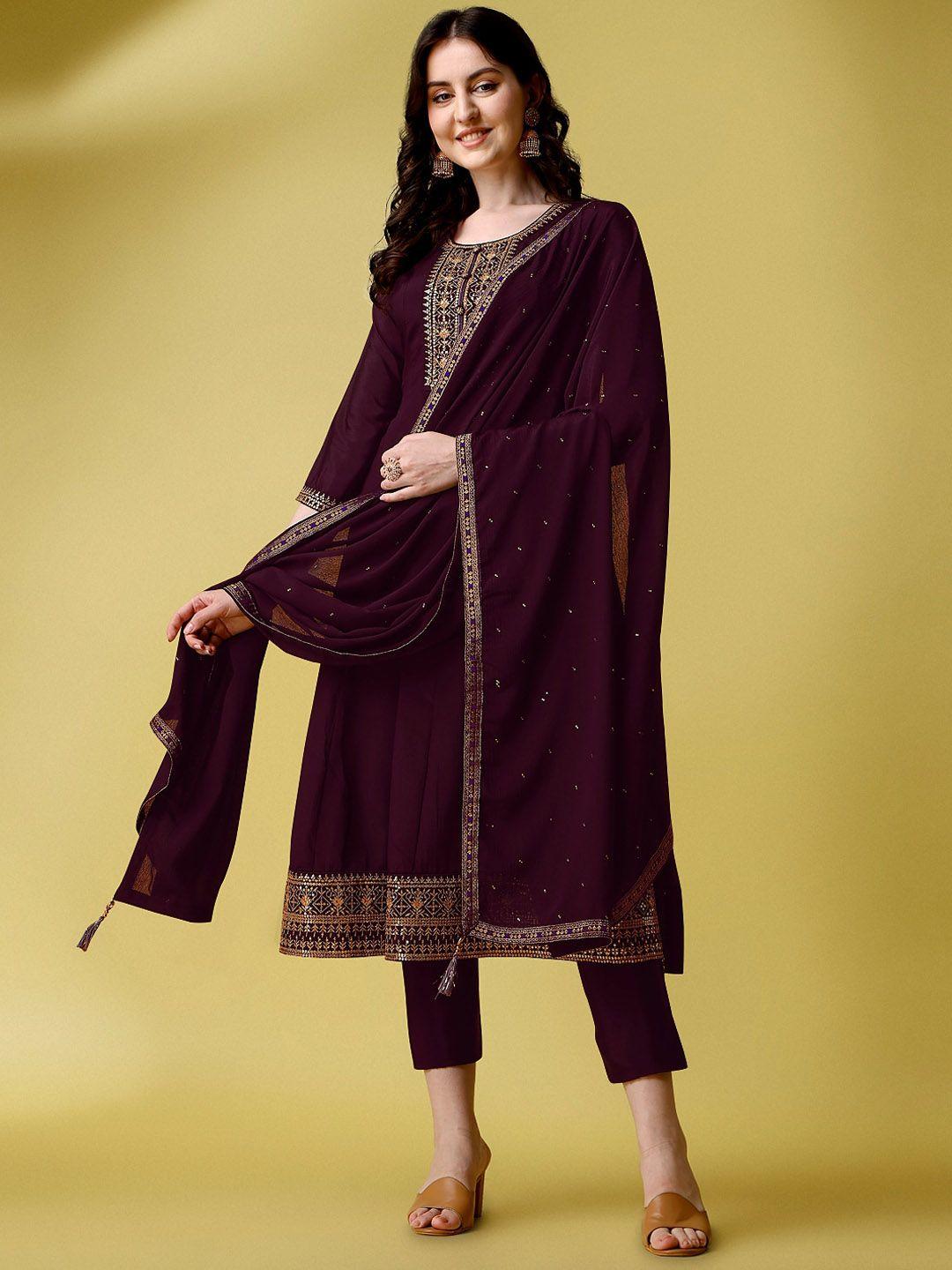 kalini women brown ethnic motifs yoke design regular pure silk kurta with trousers & with dupatta