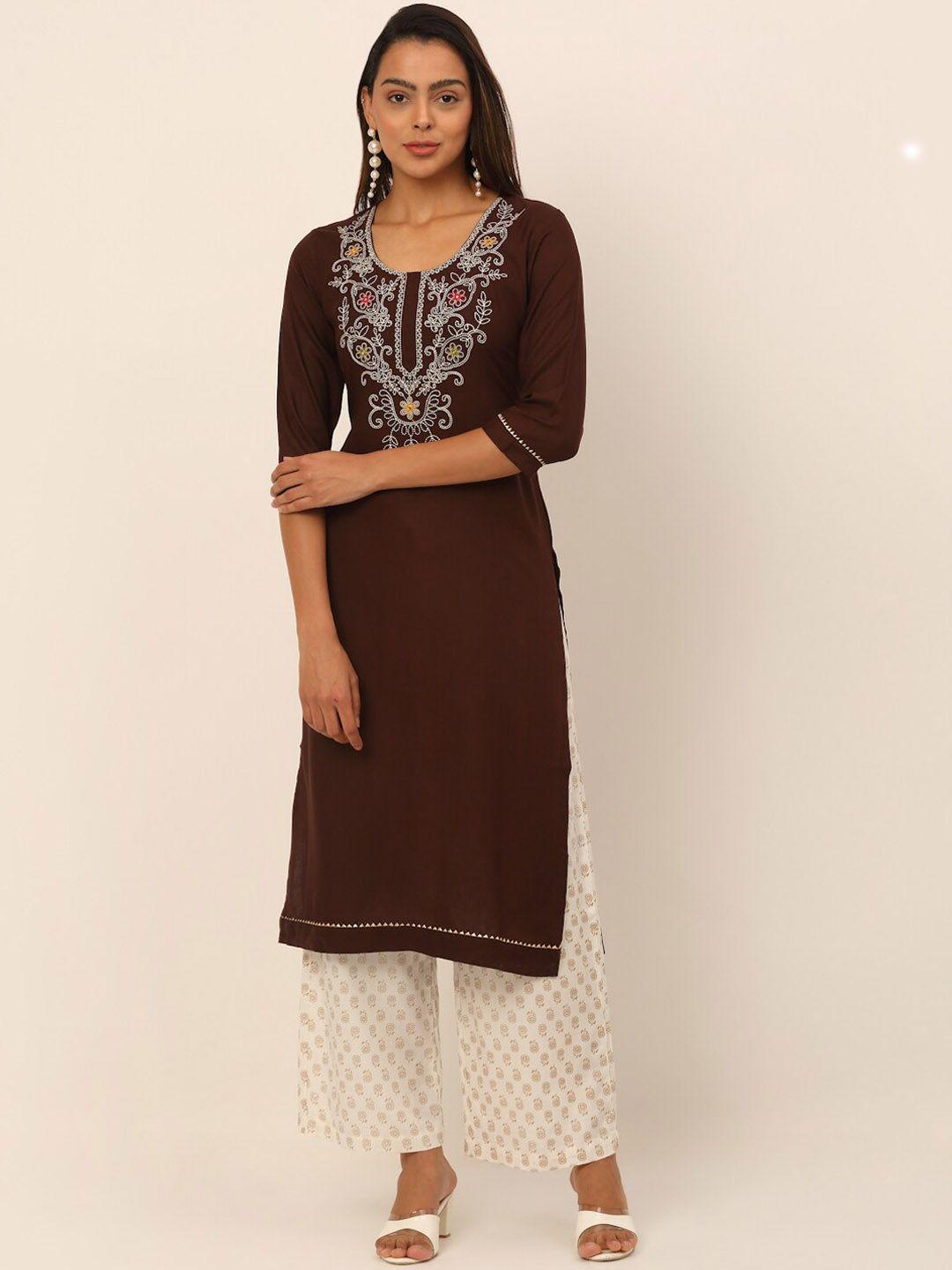 kalini women brown floral embroidered thread work kurta with palazzos