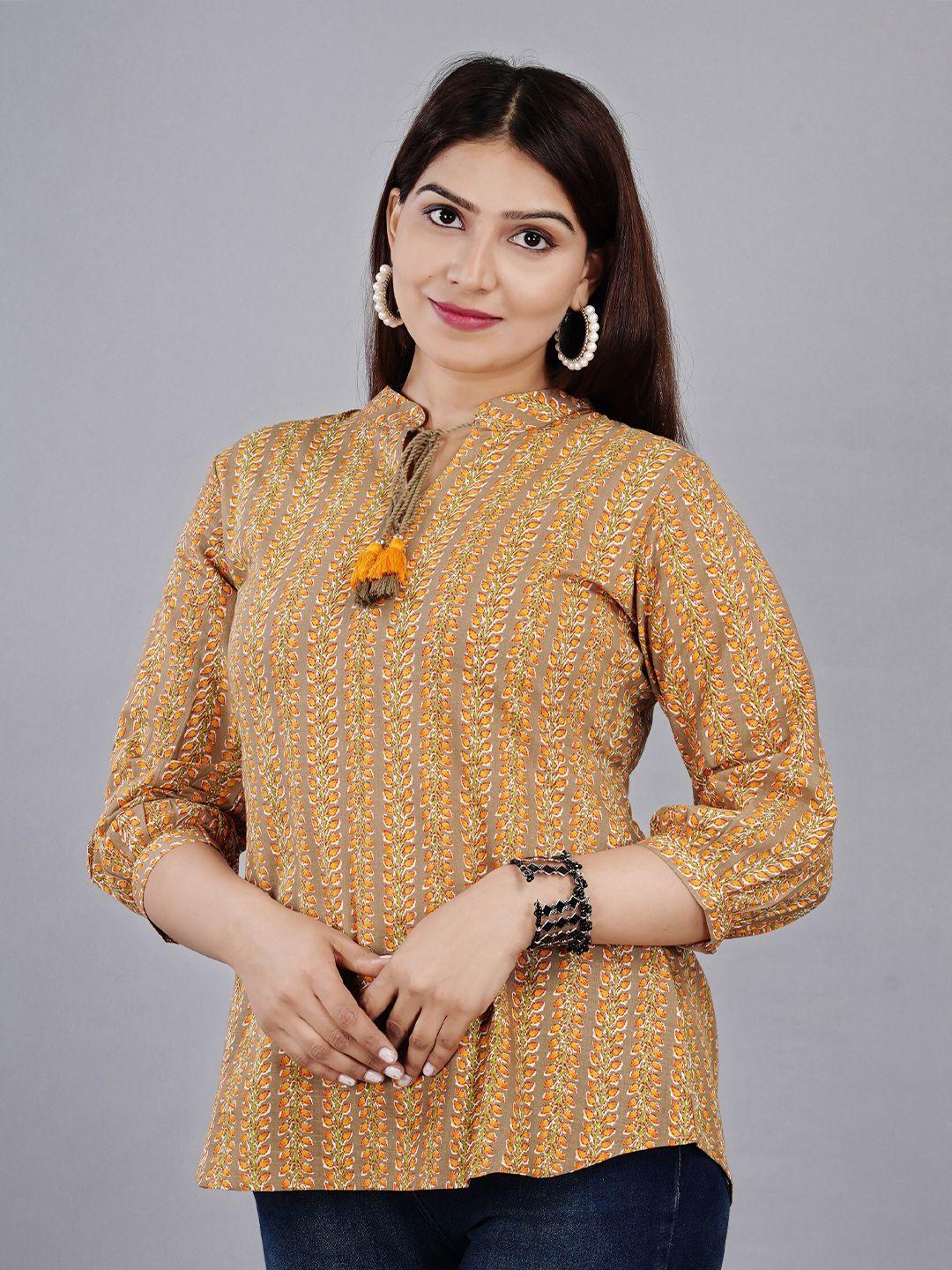 kalini women brown floral print mandarin collar top