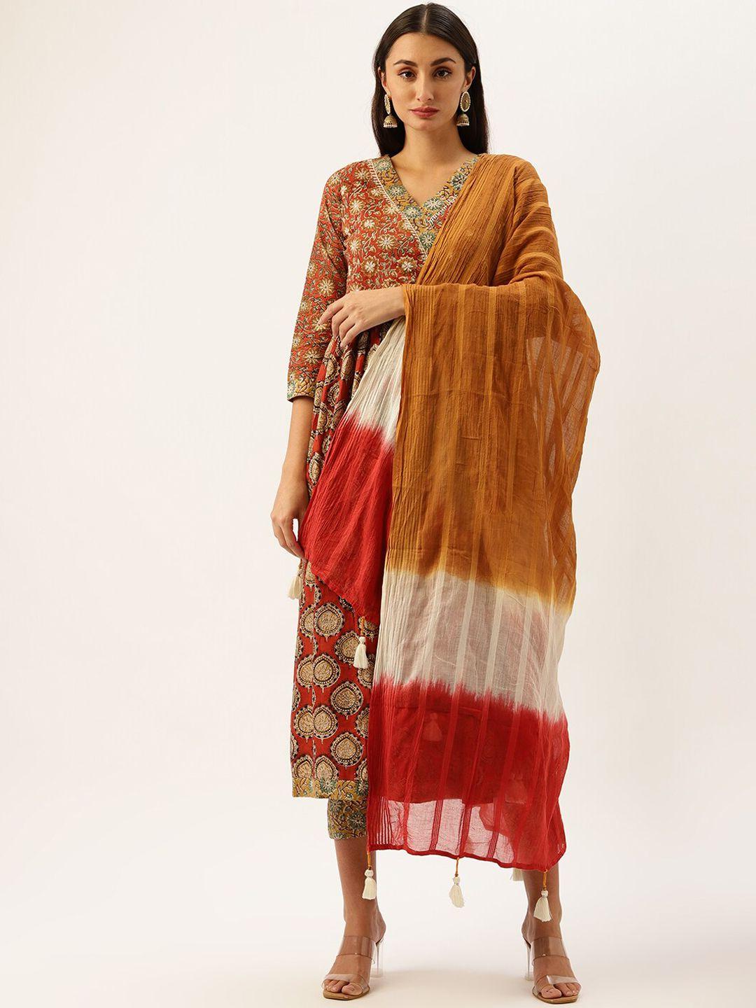 kalini women brown floral printed empire pure cotton kurta with trousers & with dupatta