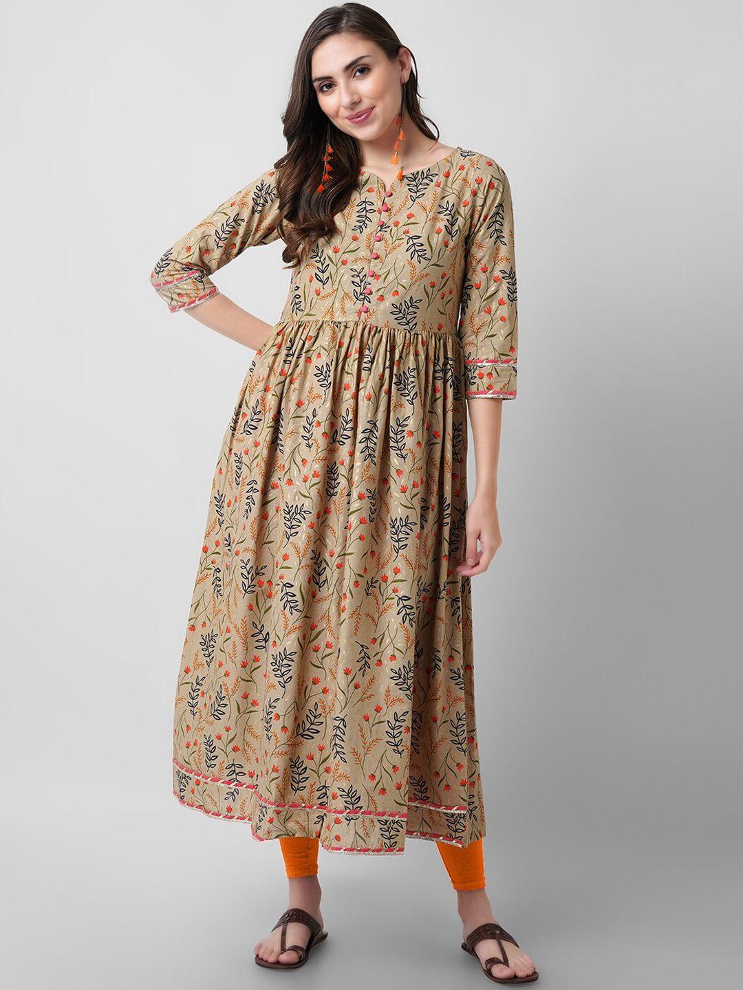 kalini women brown floral printed flared sleeved pure cotton anarkali kurta