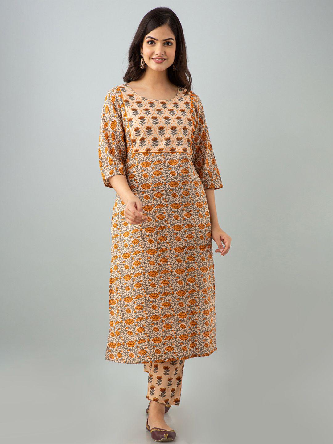 kalini women brown floral printed pure cotton kurti with trousers
