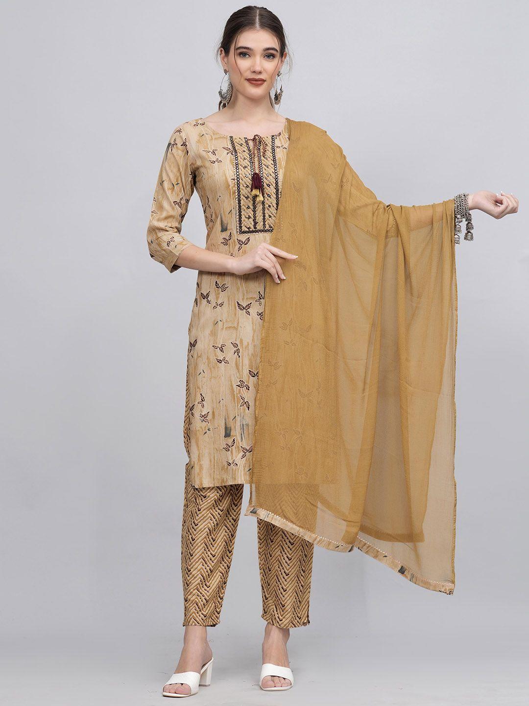 kalini women brown floral regular kurta with trousers & with dupatta