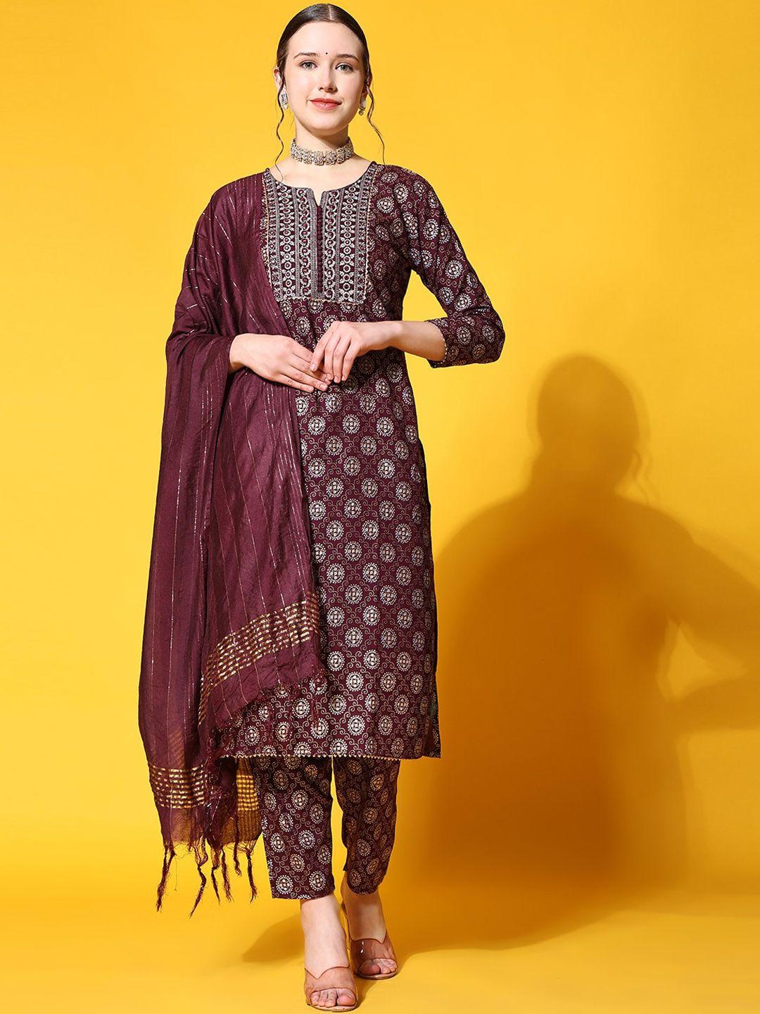 kalini women brown printed regular kurta with trousers & with dupatta