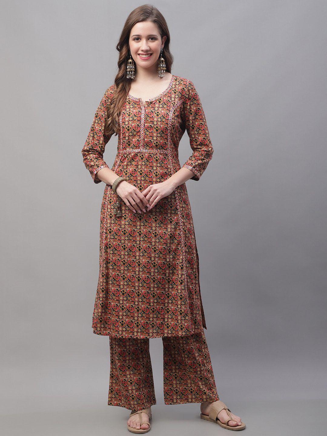 kalini women brown yoke design empire sequinned pure cotton kurta with palazzos