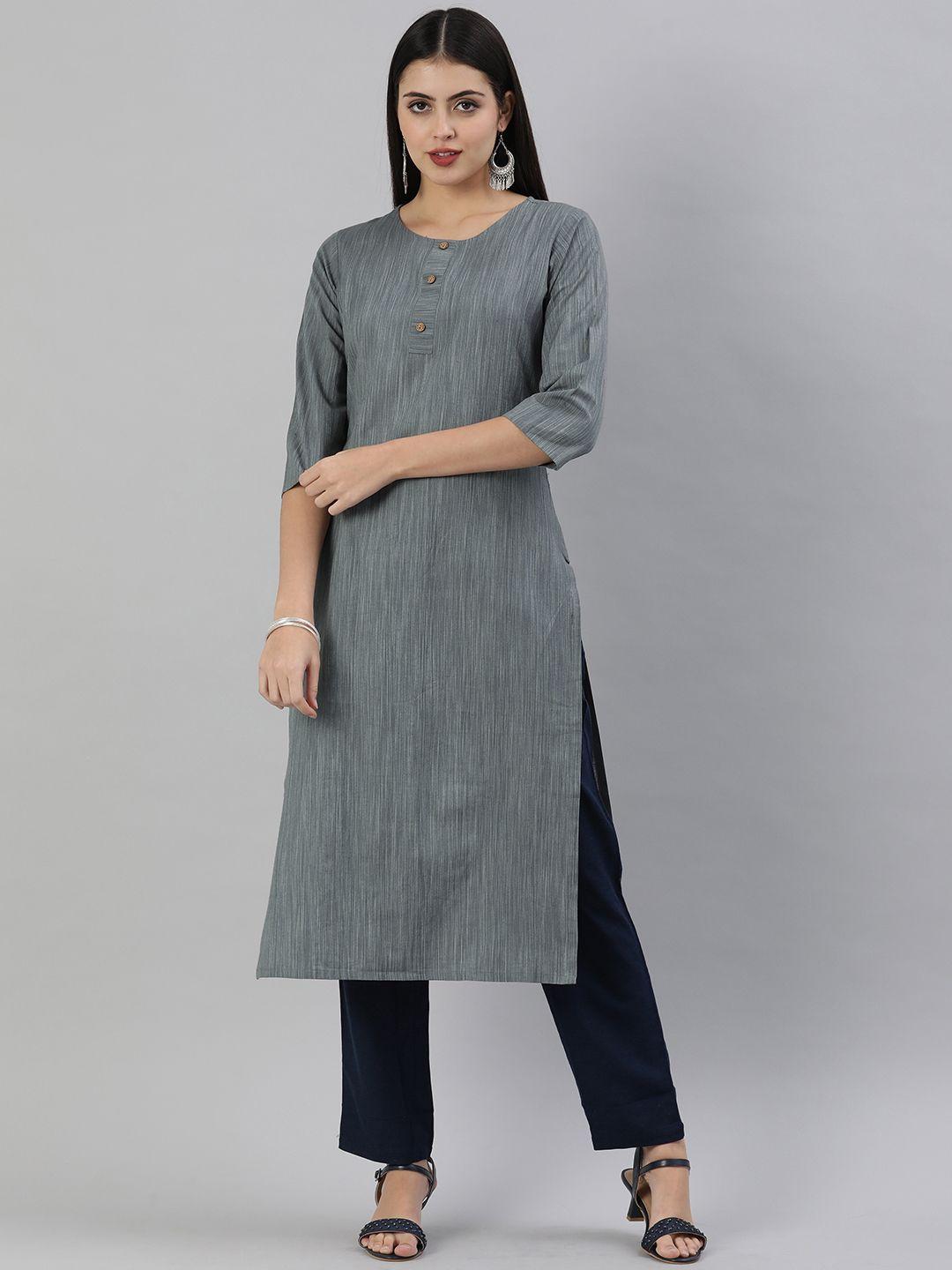 kalini women charcoal grey & white self striped straight kurta