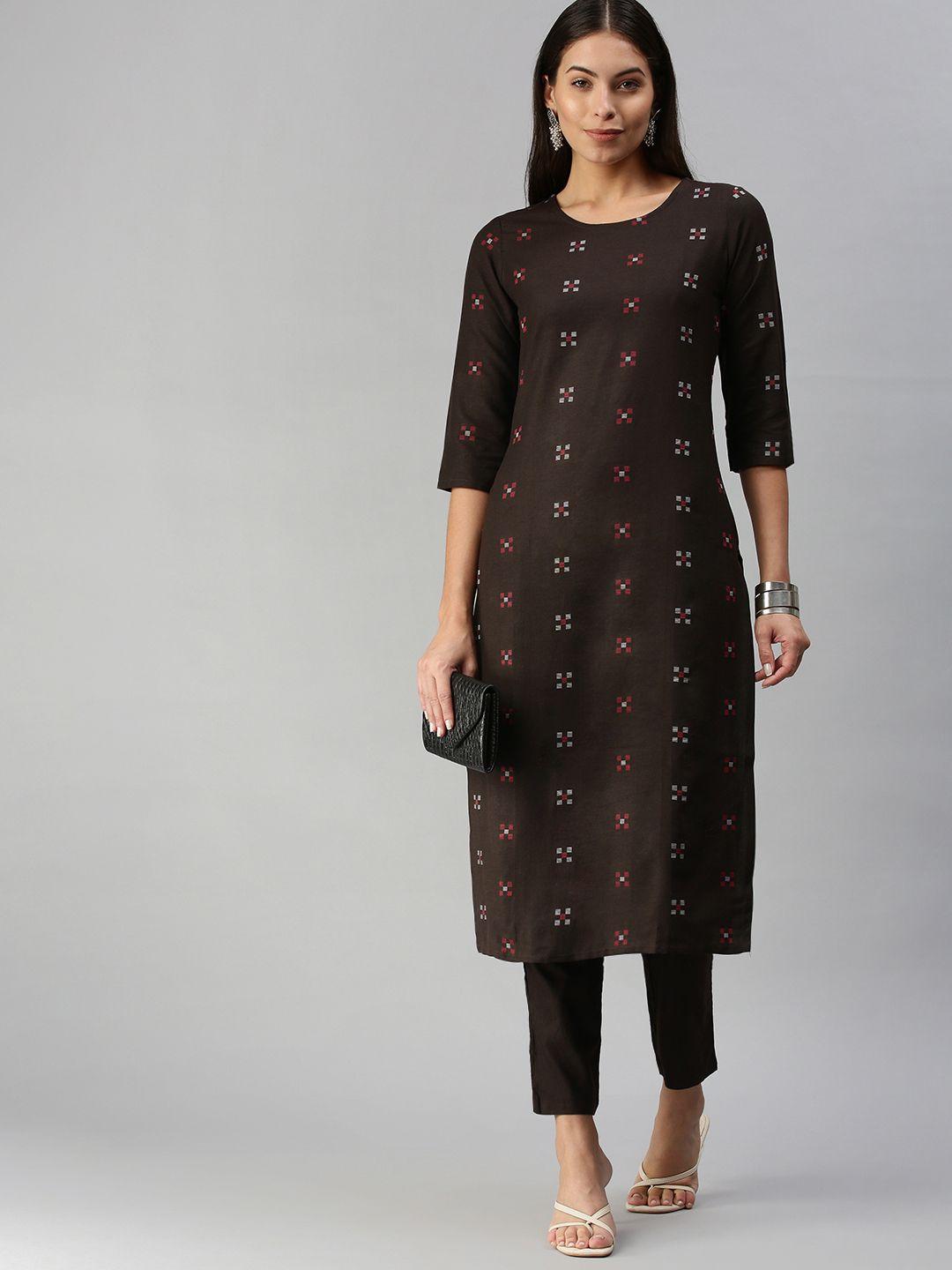 kalini women coffee brown pure cotton geometric woven design kurta with trousers