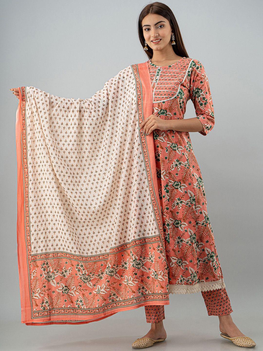 kalini women coral ethnic motifs printed pure cotton kurta with trousers & dupatta