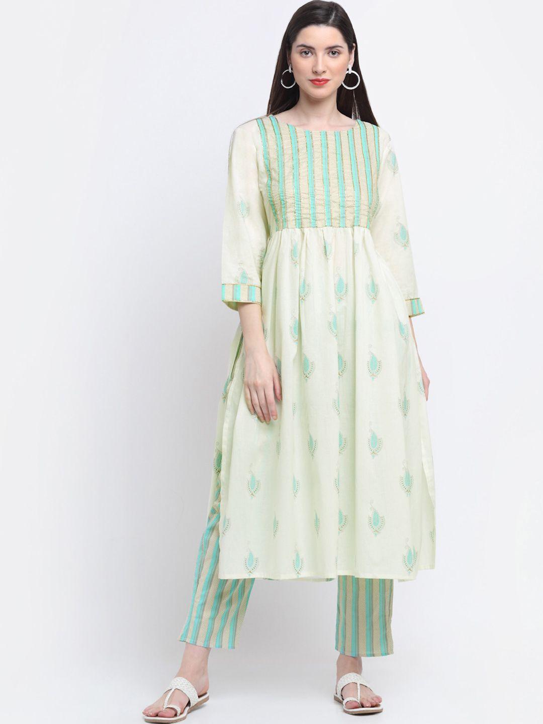 kalini women cream-coloured ethnic motifs printed pleated pure cotton kurta with trousers