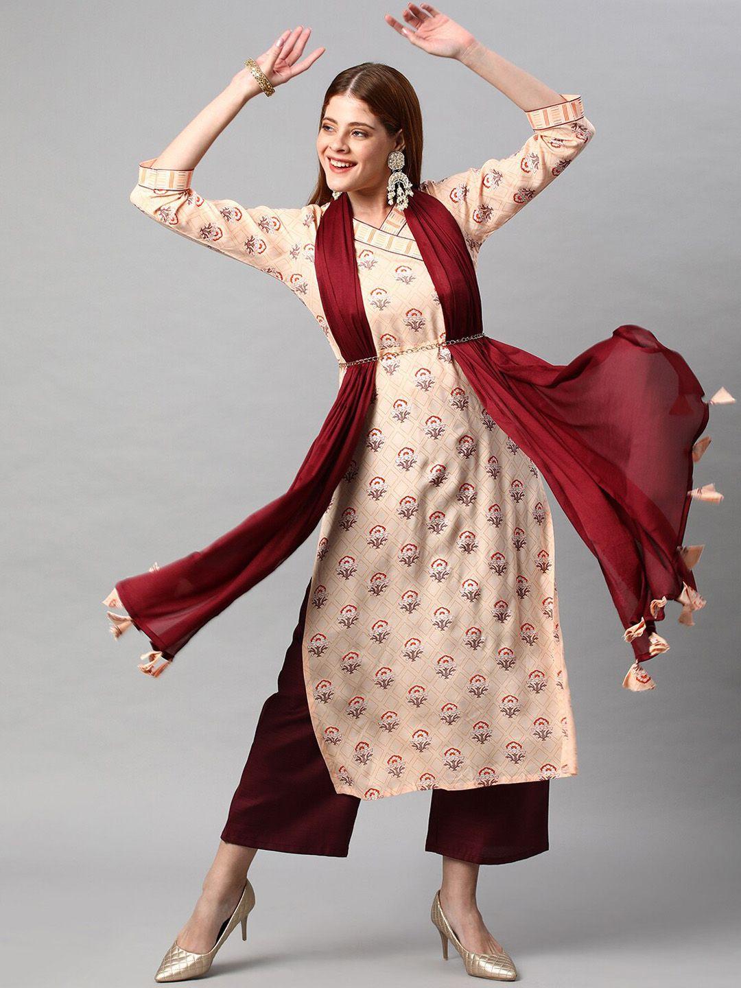 kalini women cream-coloured floral printed kurta with palazzos & with dupatta