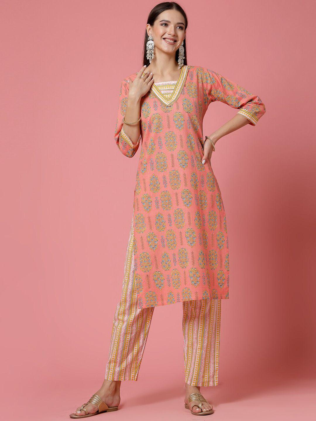 kalini women cream-coloured floral printed regular gotta patti pure cotton kurta with trousers & with dupatta