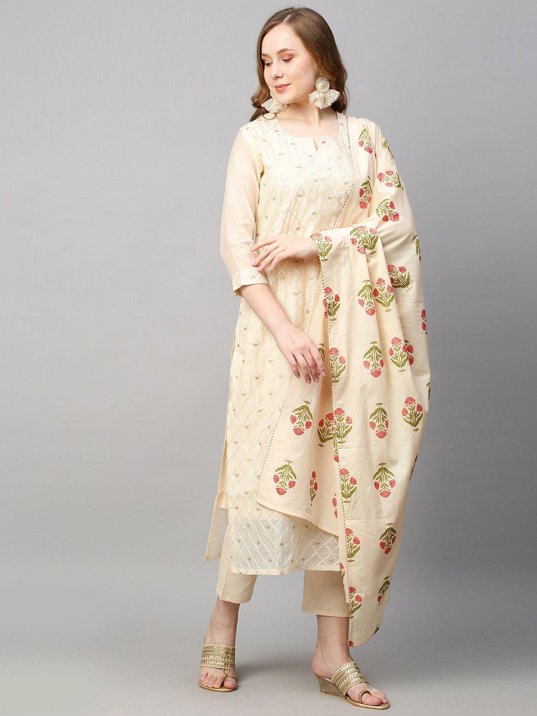kalini women cream-coloured floral printed straight kurta with trousers & with dupatta