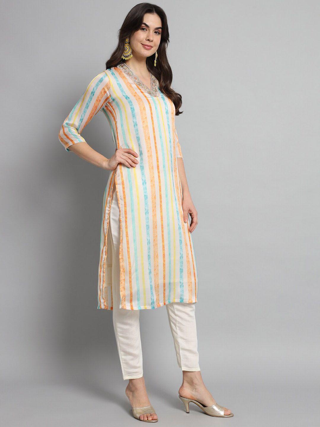 kalini women cream-coloured printed kurta with trousers & with dupatta