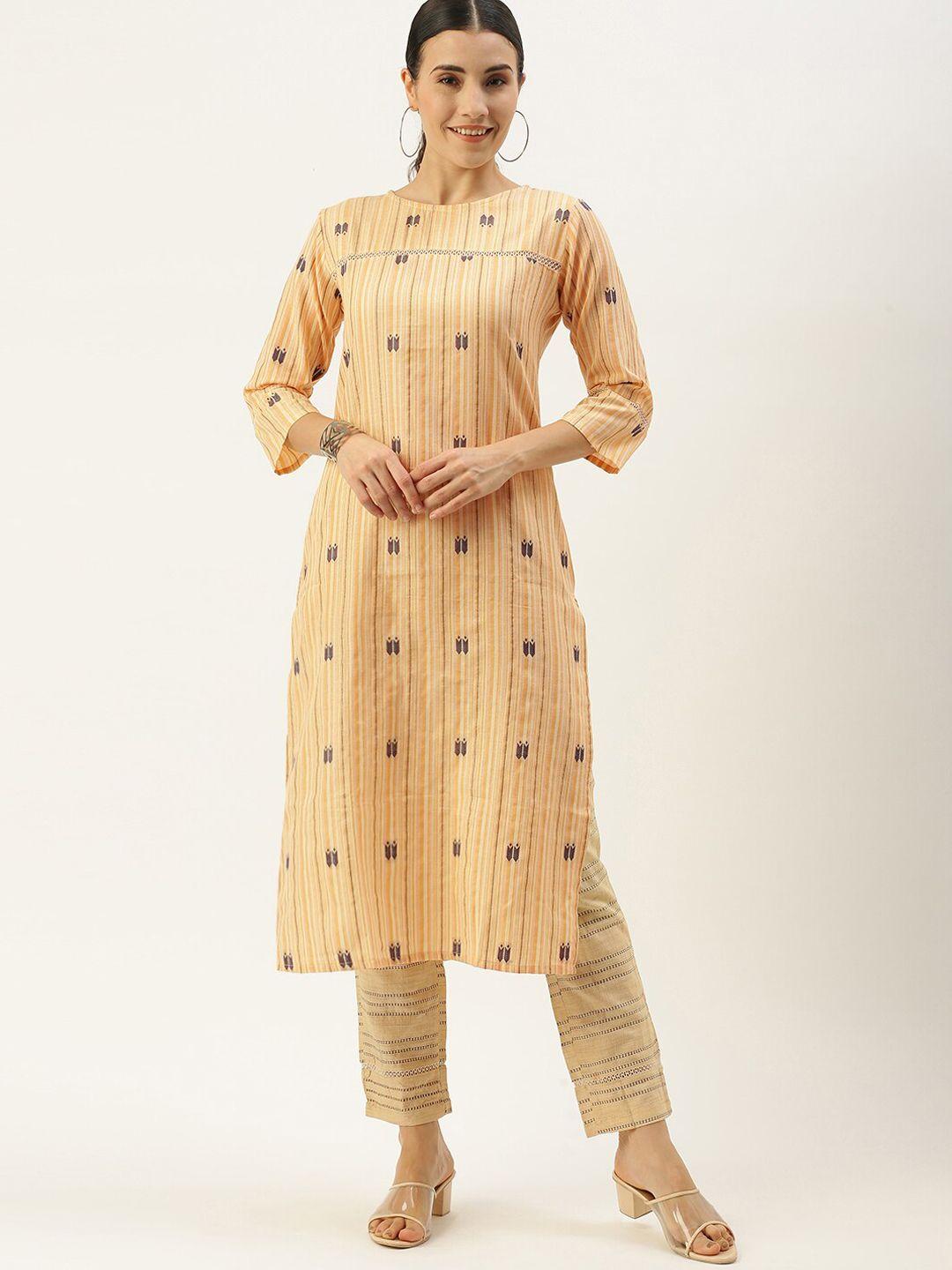kalini women cream-coloured printed regular pure cotton kurta with trousers