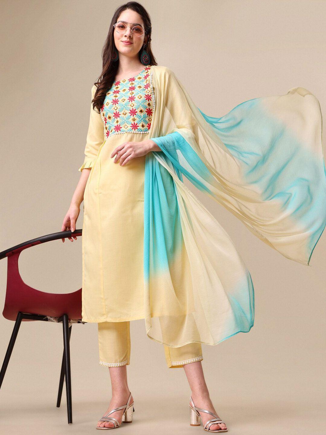 kalini women embroidered a-line kurta with trousers & ombre dupatta set