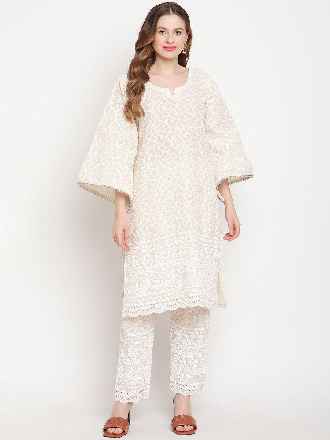 kalini women embroidered chikankari pure cotton kurta with trousers