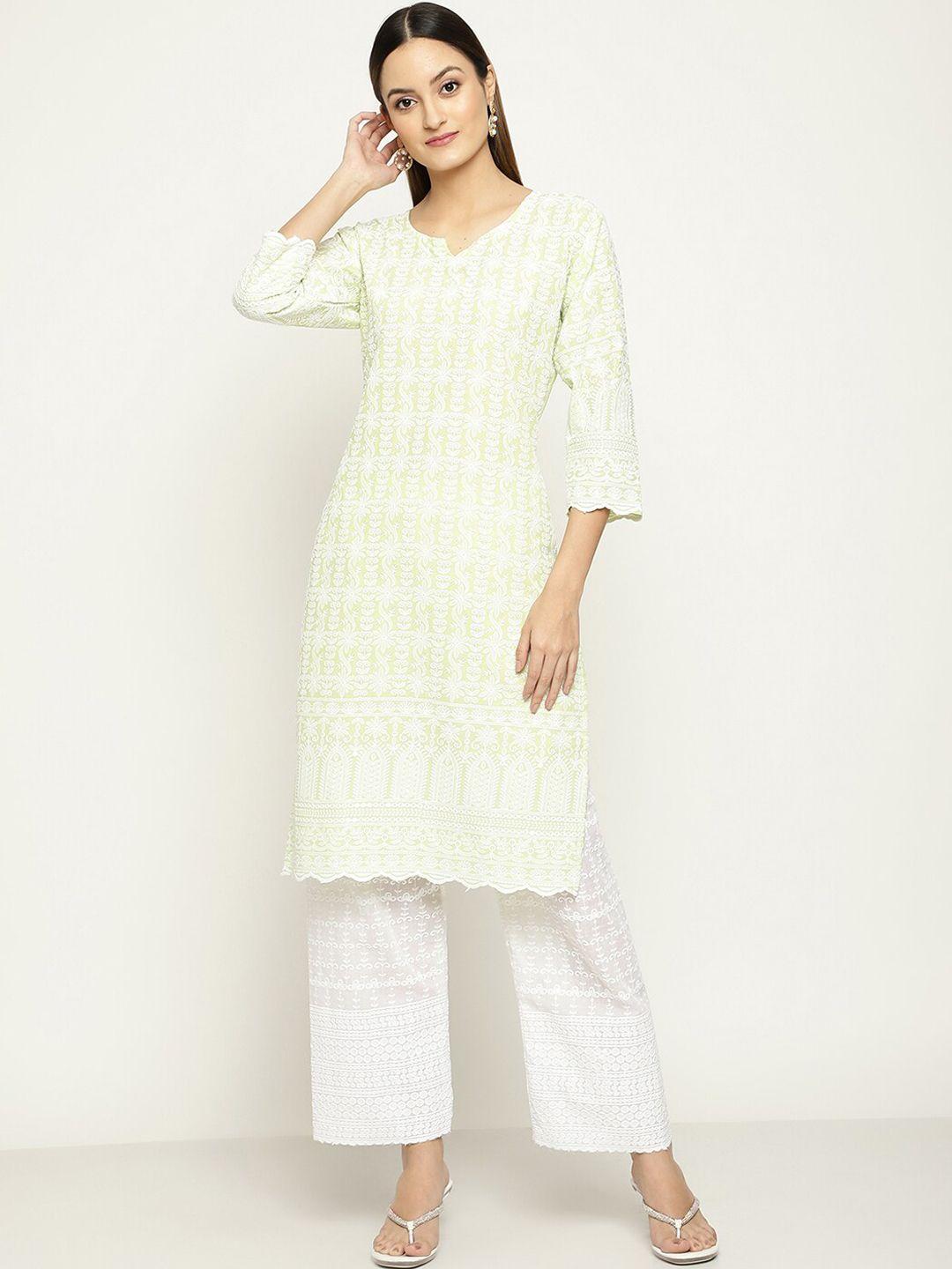 kalini women embroidered notch neck chikankari pure cotton kurta