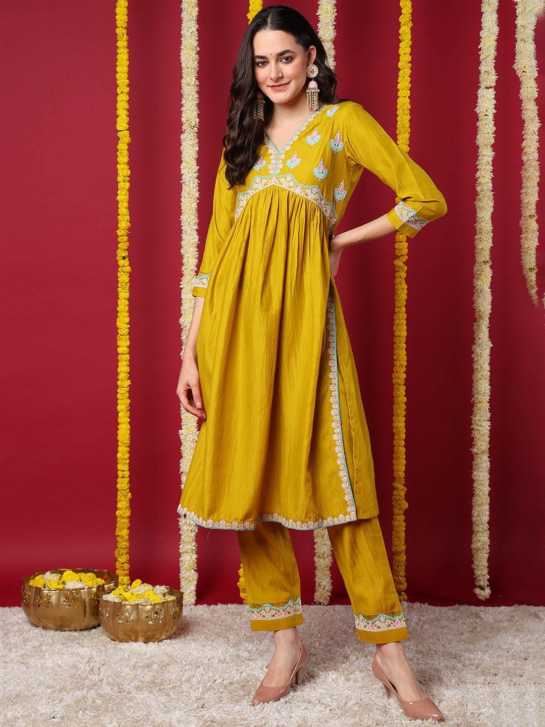 kalini women embroidered regular thread work kurta with trousers