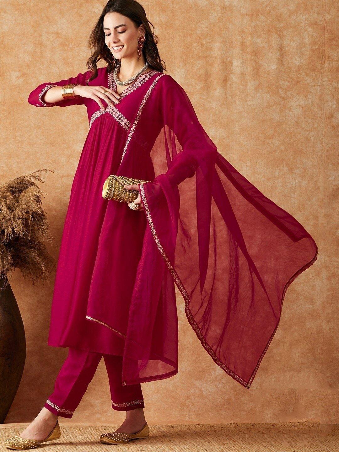 kalini women empire thread work pure silk kurta with trousers & with dupatta