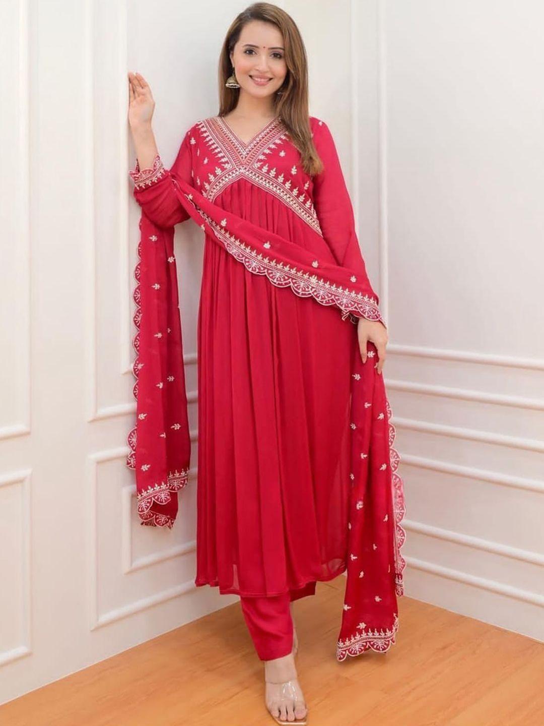 kalini women ethnic motifs embroidered pleated thread work kurta with trousers & with dupatta