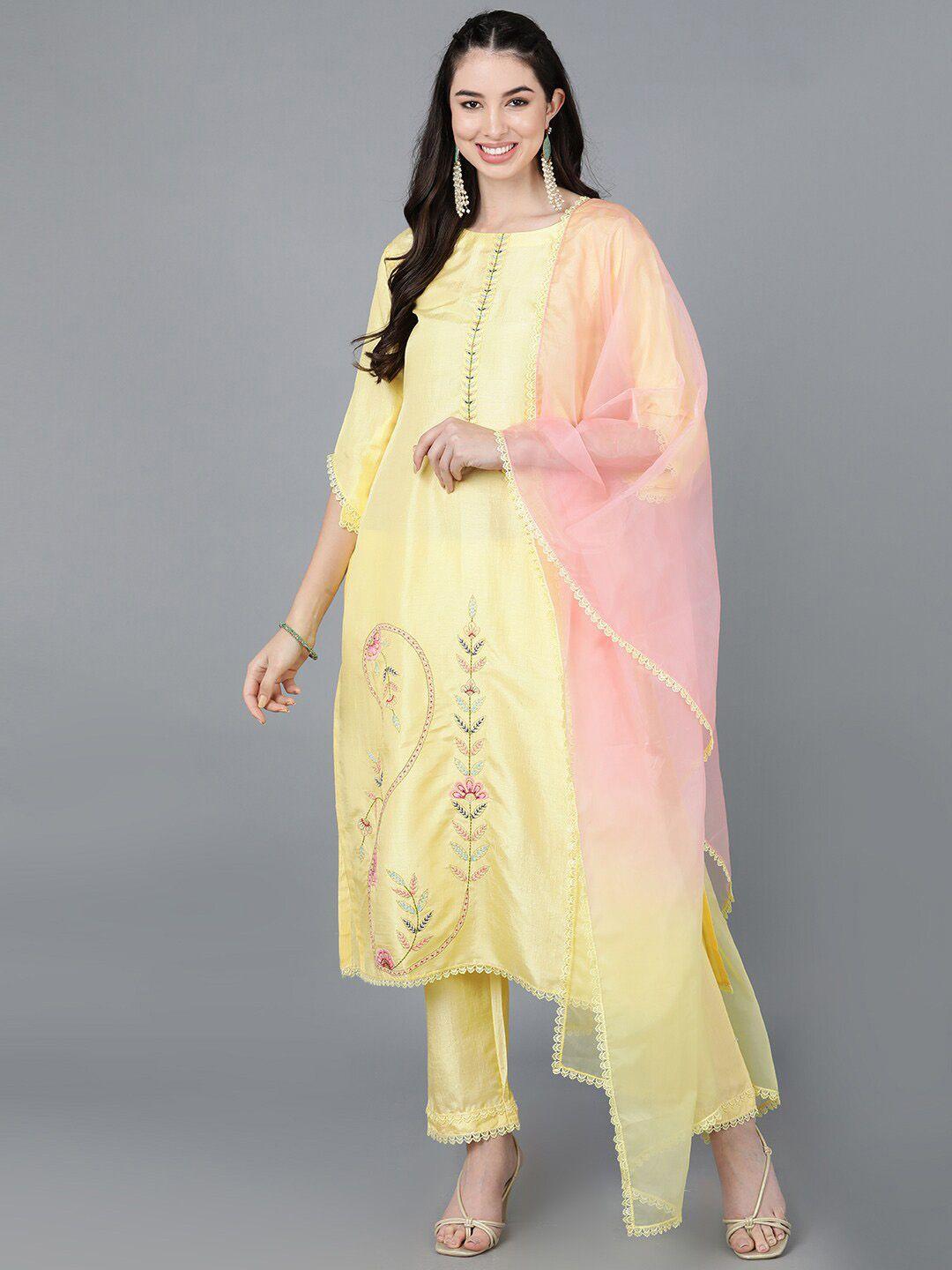 kalini women ethnic motifs embroidered regular thread work kurta with trousers & with dupatta